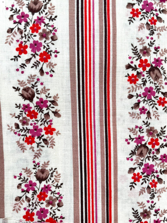 Vintage Floral and Stripe Red and Purple Vintage Fabric. - Haberdashery, Craft, Sewing, Fabric Scraps, Retro