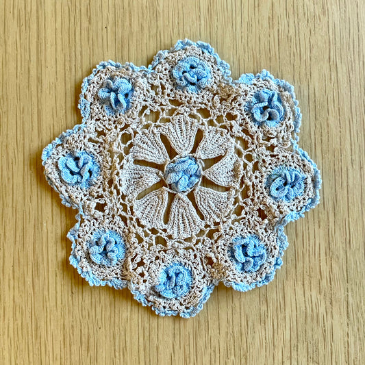 Vintage Small Taupe Brown and Light Blue Floral Round Doily - Antique, Home Decor, Table, Lace, Crochet