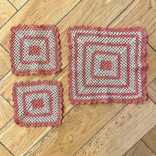 Vintage Three Piece Square Pink and Cream Taupe Striped Dressing Table Doily Set  - Antique, Home Decor, Table, Lace, Crochet