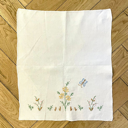 Vintage White Embroidered Cloth with Floral Butterfly Garden Scene- Linen, Haberdashery, Craft, Antique, Embroidered