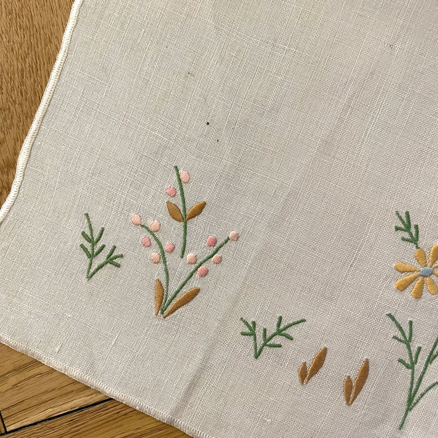 Vintage White Embroidered Cloth with Floral Butterfly Garden Scene- Linen, Haberdashery, Craft, Antique, Embroidered