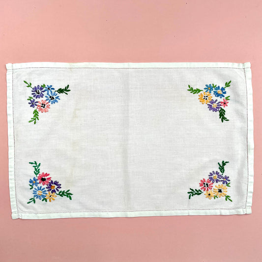 Vintage Hand Embroidered White Rectangular Floral Dressing Table Cloth - Linen, Haberdashery, Craft, Antique, Embroidered