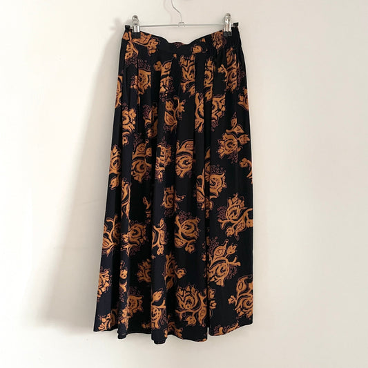 Vintage Black and Orange Patterned Elasticated Midi Skirt.