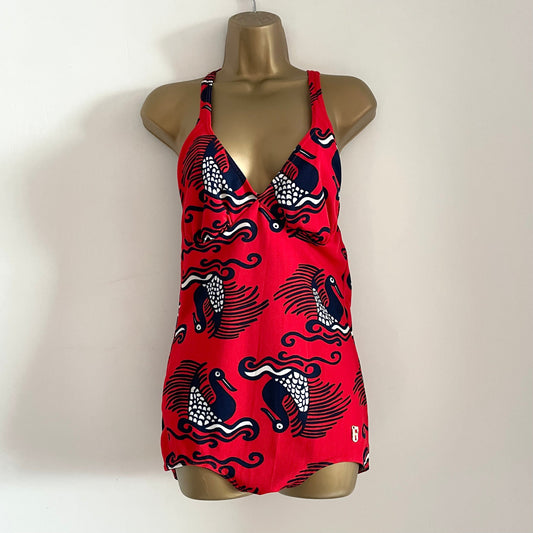 Vintage 1960s Red and Blue Swan Pattern German One Piece Swimming Costume