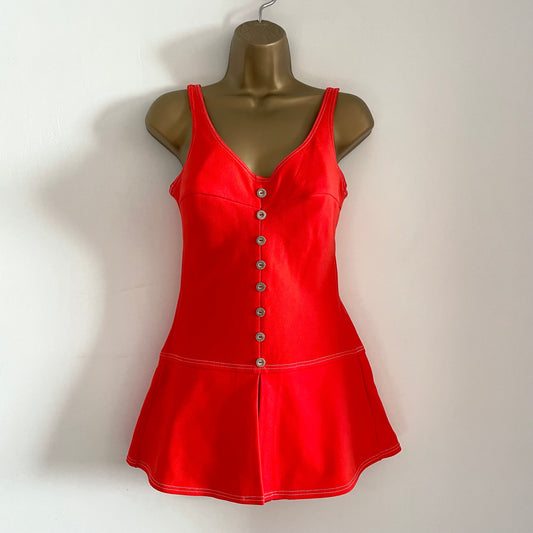 Vintage Slix Red One Piece Swimming Costume  Made in England with Skirt