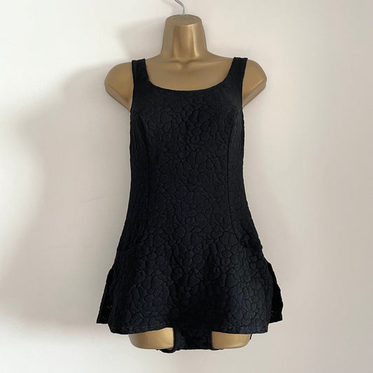 Vintage Black Textured Lined One Piece Swimming Costume with Skirt