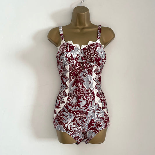 Vintage Trulo Red & White Floral Ruched One Piece Swimming Costume Womens Swimwear.