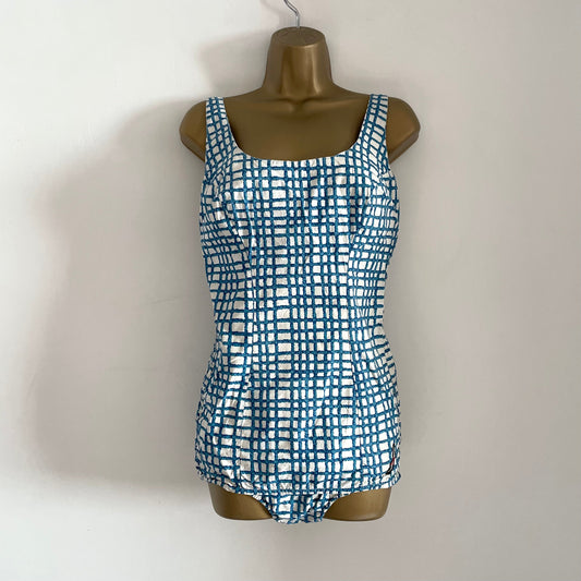 Vintage Jantzen Blue & White Ruched Elasticated Halterneck One Piece Swimming Costume. Check Pattern