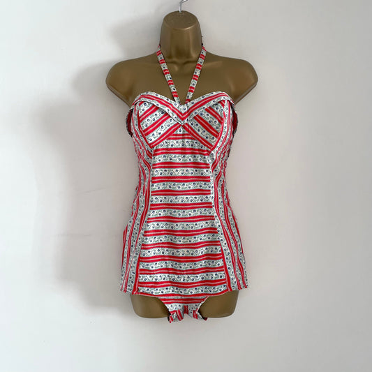 Vintage Red and White Halterneck Floral Stripe Cotton One Piece Swimming Costume