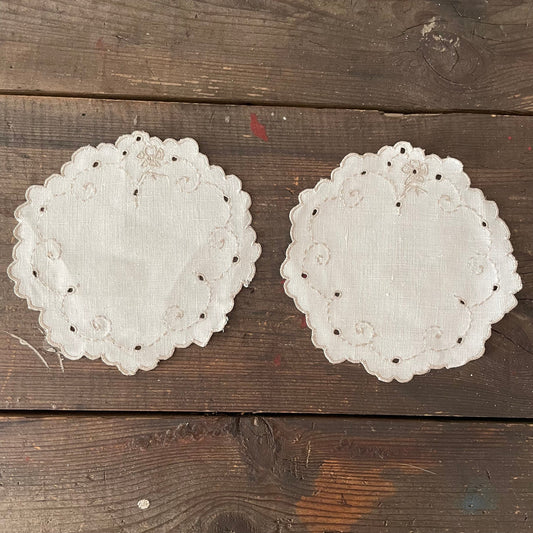 Vintage Pair of Two White and Brown Scalloped Doilies. Haberdashery, Craft, Cloth, Linen