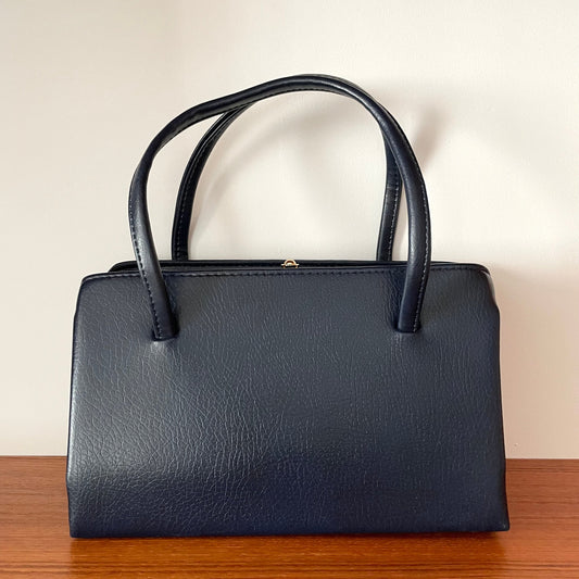 Vintage Navy Blue Three Compartment Top Handle Handbag