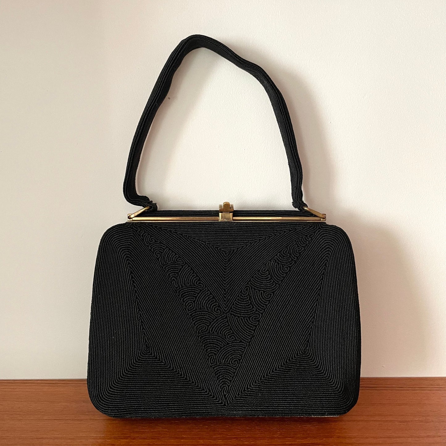 Vintage Black Corde Evening Top Handle Bag. Handbag. Made In England.