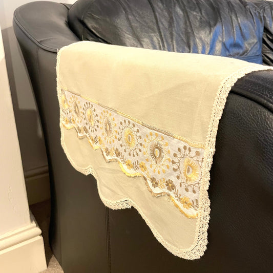 Vintage Cream Embroidered Panel Floral Antimacassar Armchair Cover