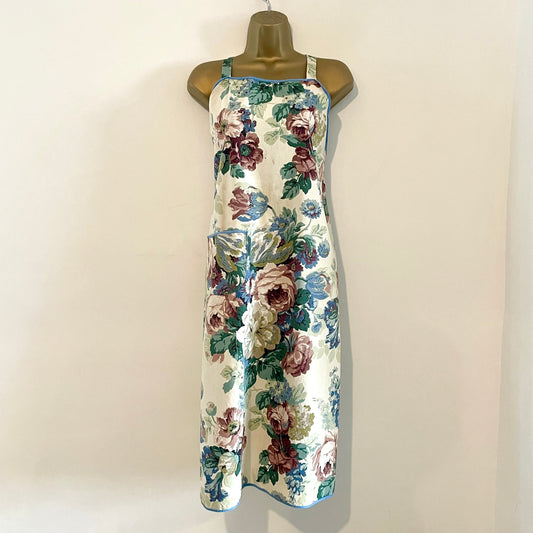 Vintage Handmade Cream, Blue and Purple Cotton Floral Kitchen Apron