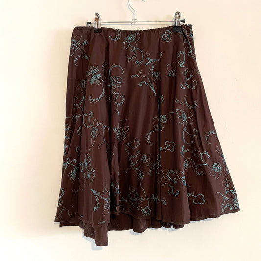 Vintage Brown Cotton Knee Length Skirt with Blue Floral Embroidery