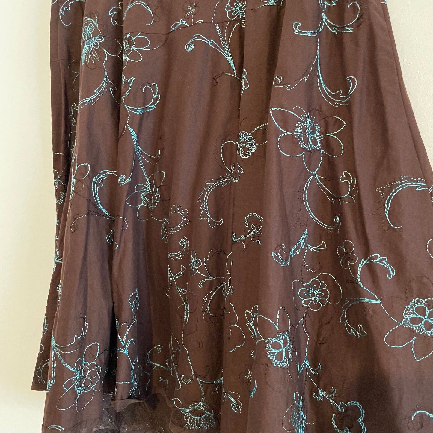 Vintage Brown Cotton Knee Length Skirt with Blue Floral Embroidery