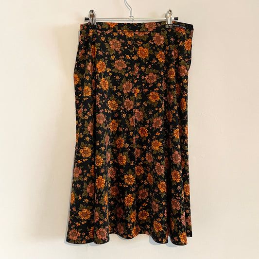 Vintage Super Jeans Black and Orange Floral Print Midi Skirt