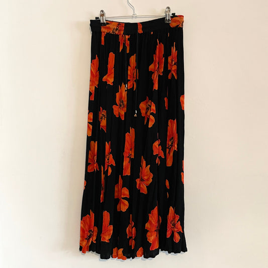 Vintage Akal Collection Black and Orange Flower Print Drawstring Plisse Maxi Skirt