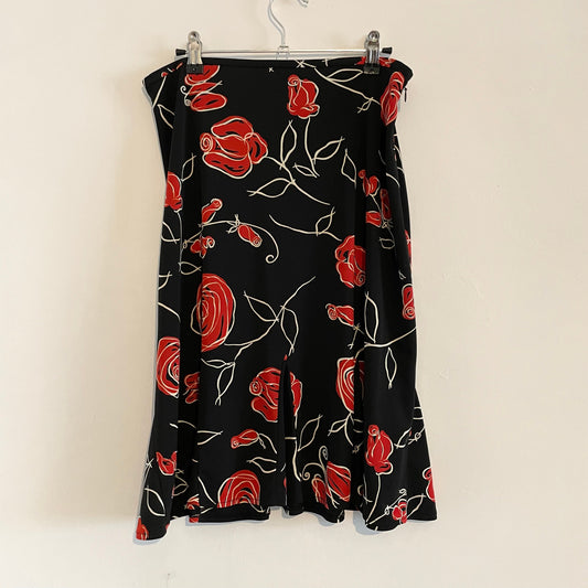 Vintage Ann Taylor Black and Red Rose Floral Patterned Fit and Flare Skirt