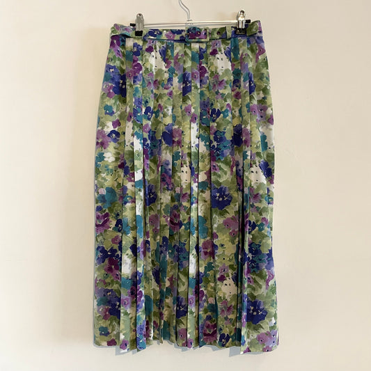 Vintage Dorene Green and Purple Floral Belted Pleated Midi Skirt. Made in England