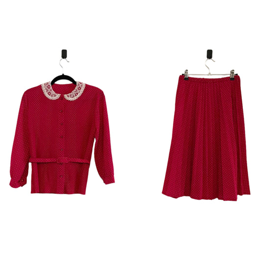 Vintage Red and White Polka Dot Pleated Collar Blouse and Skirt Set