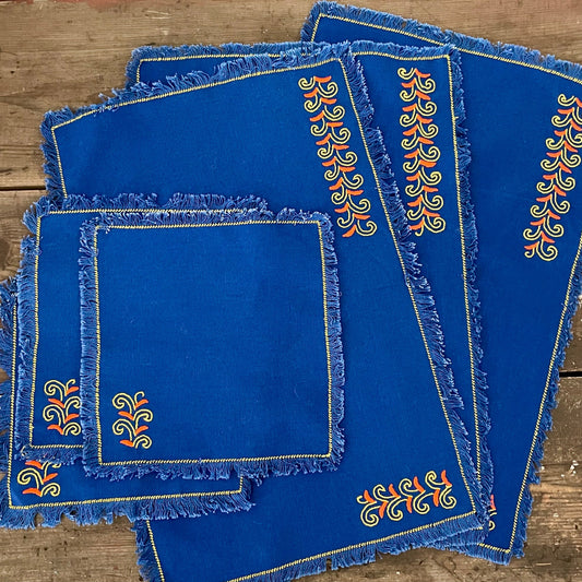 Vintage Set of Six Blue and Yellow Embroidered 3x Coaster & 3x Placemats