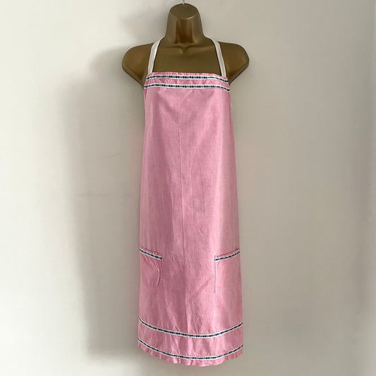 Vintage Pink Kitchen Apron with Blue and White Trim