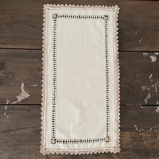 Vintage Small Rectangular Beige and White Table Runner with Lace