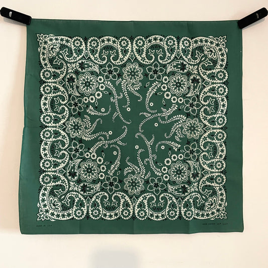 Vintage Cotton Green Patterned Bandana Scarf. Made in the USA