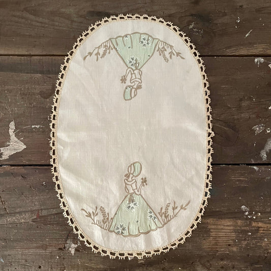 Vintage Cream and Green Crinoline Lady Oval Table Mat Cloth