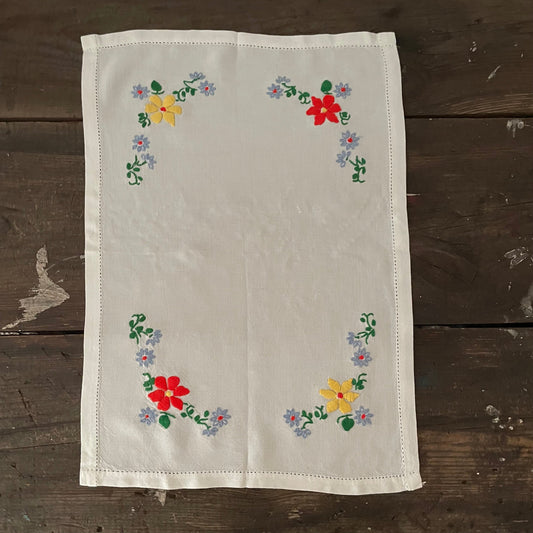 Vintage Hand Embroidered White, Yellow and Red Placemat Table Cloth