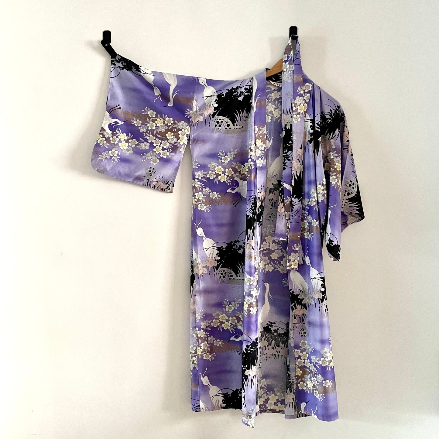 Vintage Purple Lilac Kimono with Stork Cherry Blossom Design. Made in Japan