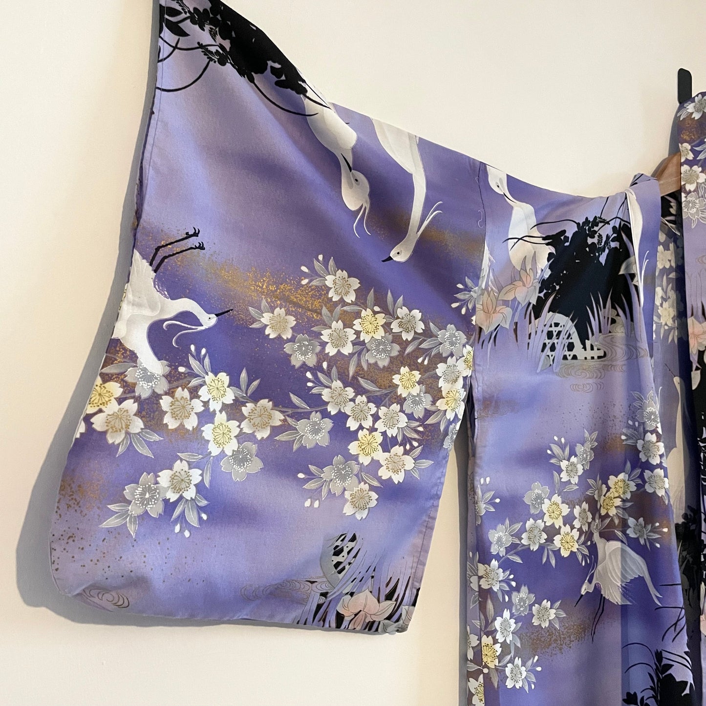 Vintage Purple Lilac Kimono with Stork Cherry Blossom Design. Made in Japan