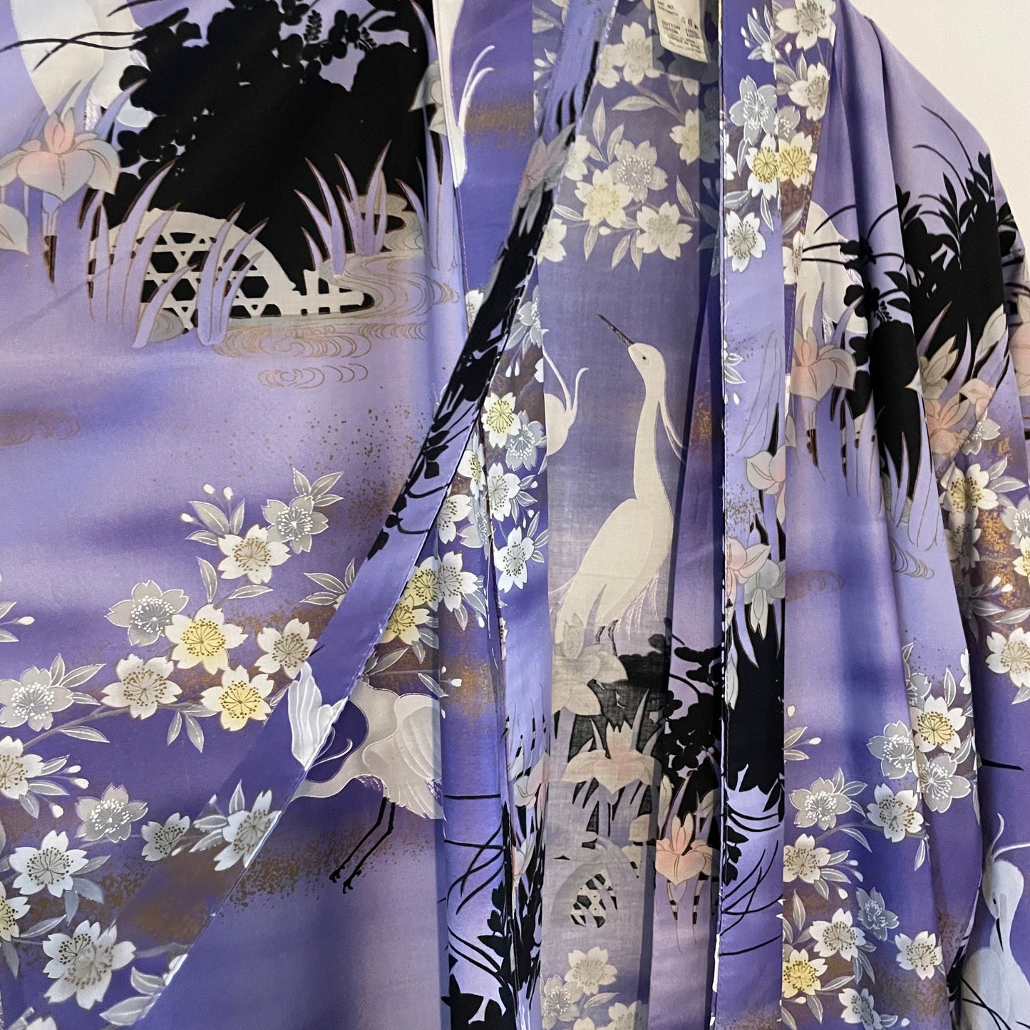 Vintage Purple Lilac Kimono with Stork Cherry Blossom Design. Made in Japan