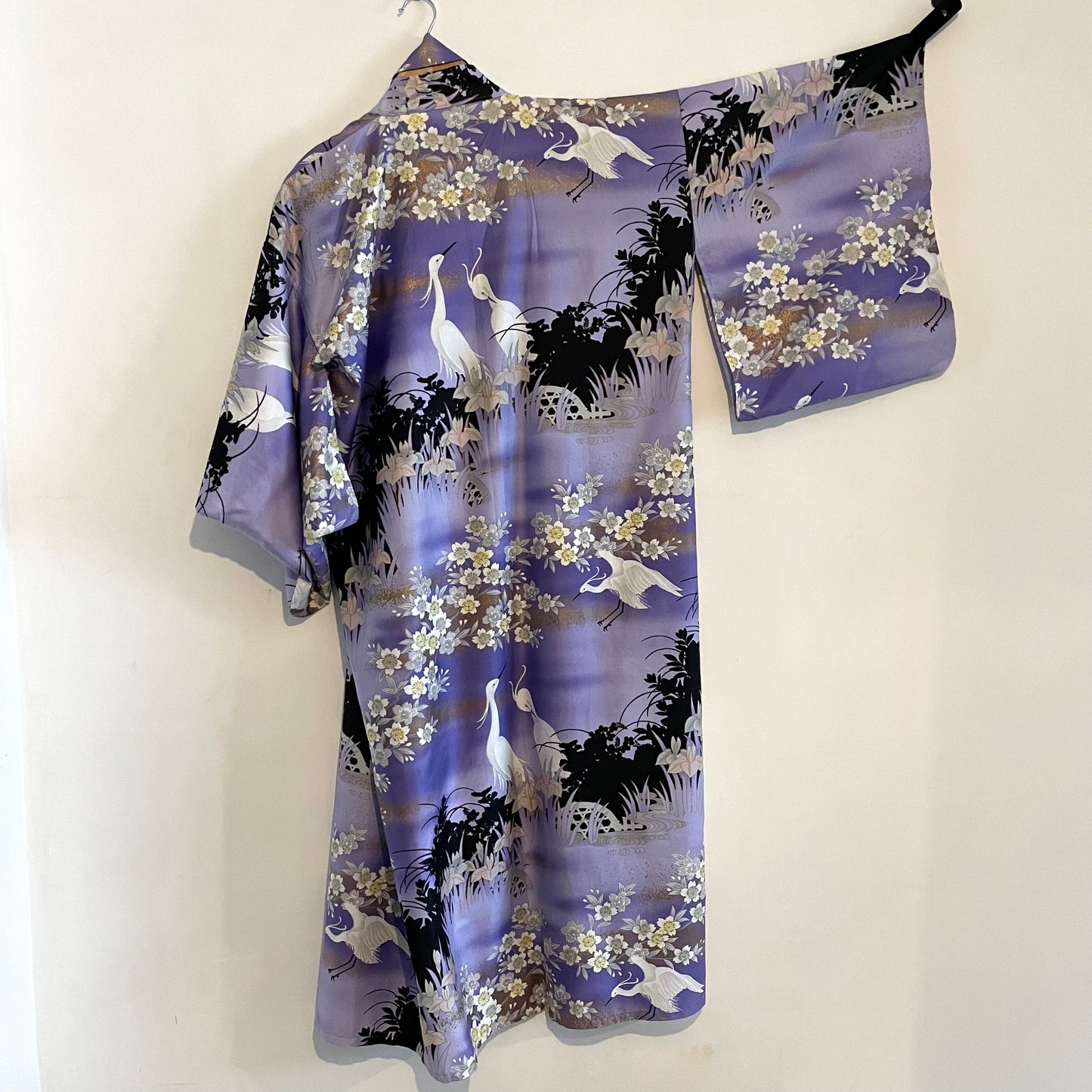 Vintage Purple Lilac Kimono with Stork Cherry Blossom Design. Made in Japan