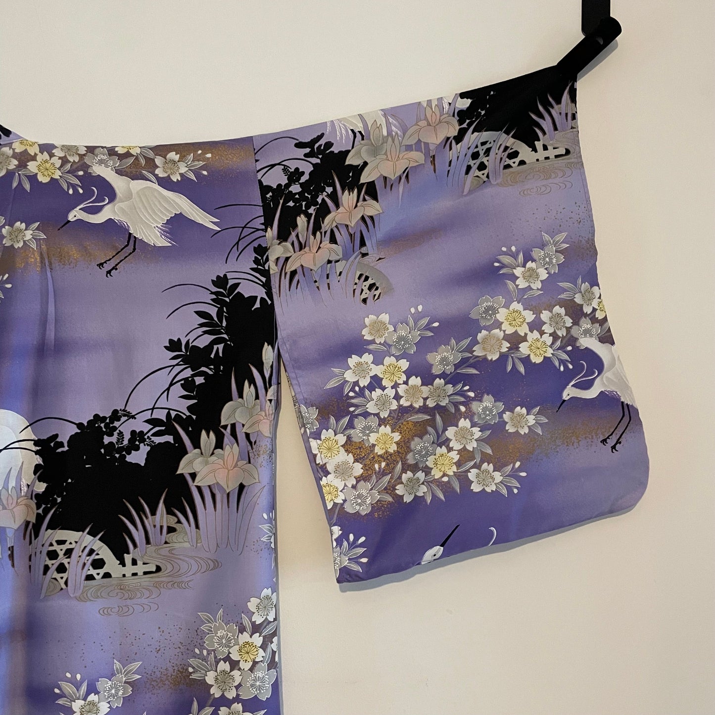 Vintage Purple Lilac Kimono with Stork Cherry Blossom Design. Made in Japan