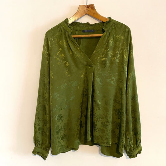 Preloved M&S Button Up Moss Green Blouse Shirt with Ruffles