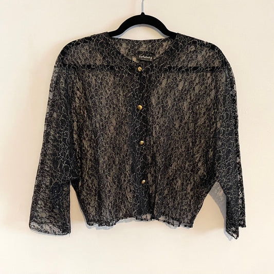 Vintage Specials Black and Gold Floral Lace Batwing Long Sleeves Blouse Shirt