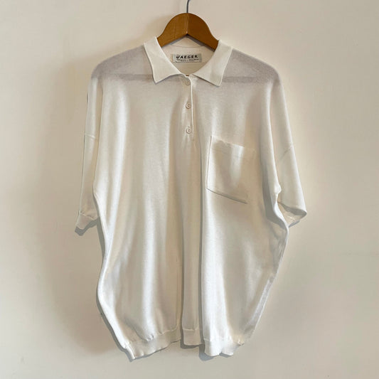 Vintage Jaeger 100% Cotton Drop Shoulder White Polo Top. Made in Great Britain