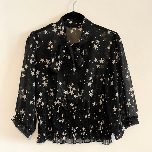 Vintage Black Star Pattern Cinched Sheer Pussy Bow Blouse