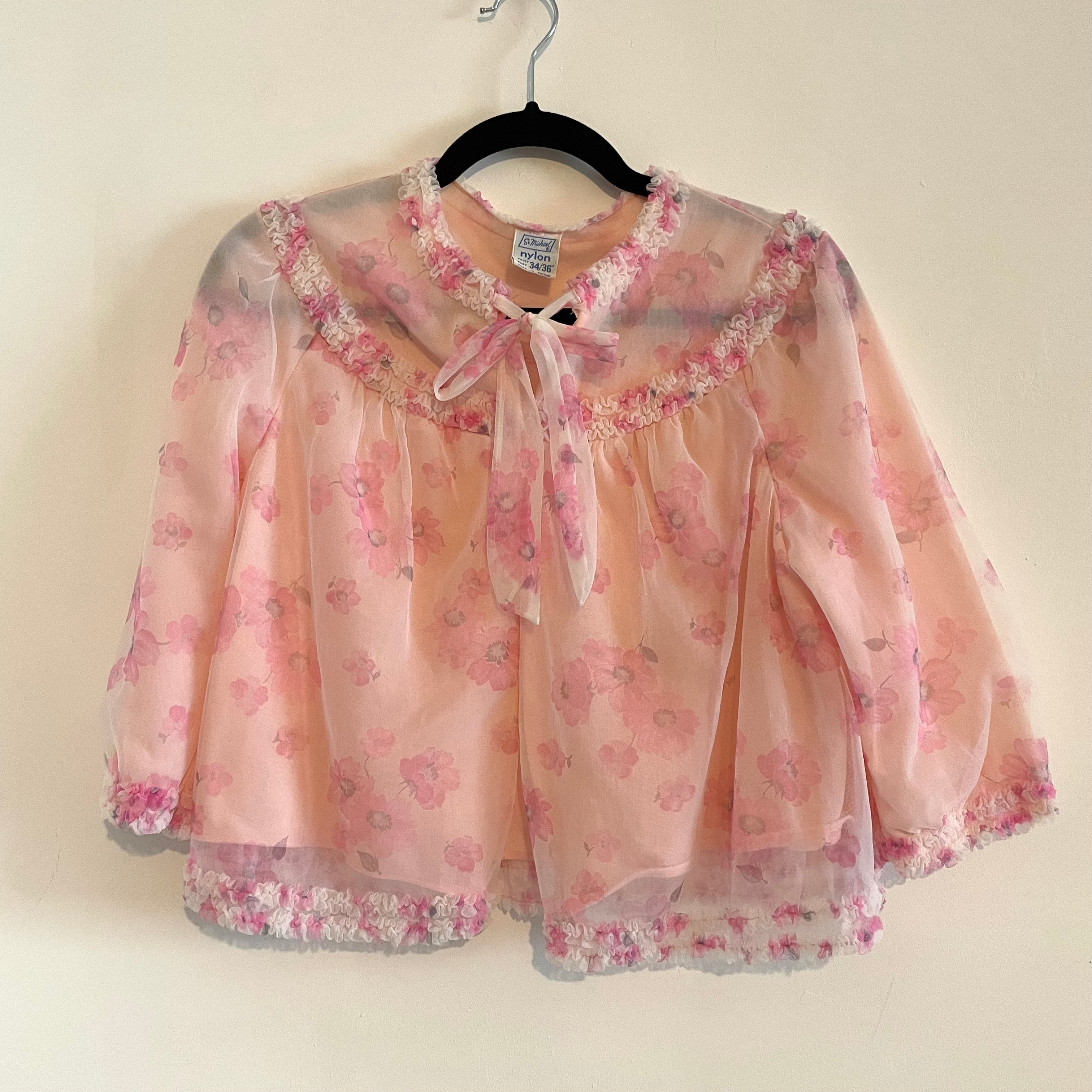 Vintage St Michael Nylon Pink Floral Cropped Ruffle Bed Jacket