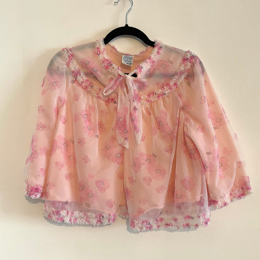 Vintage St Michael Nylon Pink Floral Cropped Ruffle  Bed Jacket (SMALL)