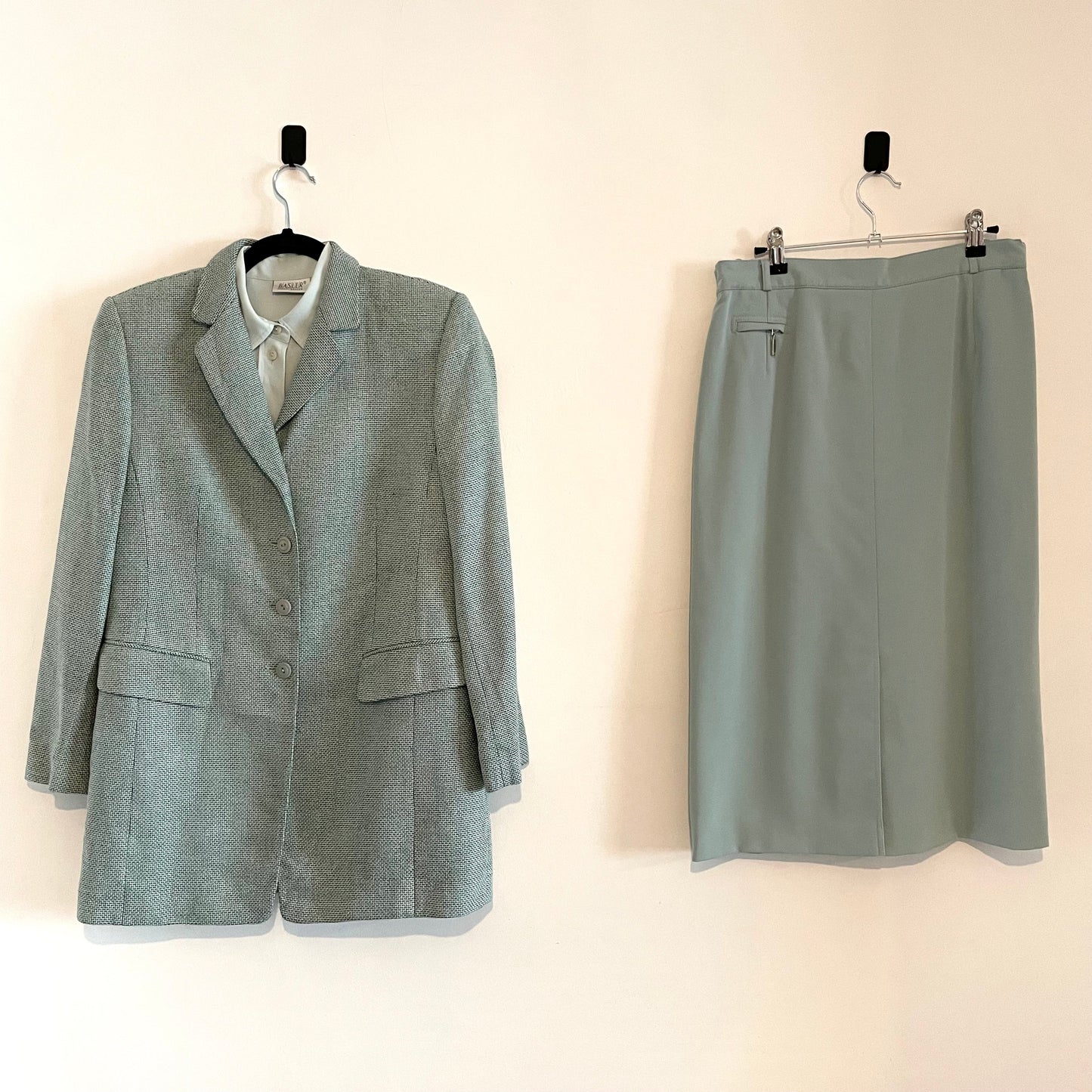 Vintage Horst Basler Blue Three Piece Longline Blazer Skirt Suit