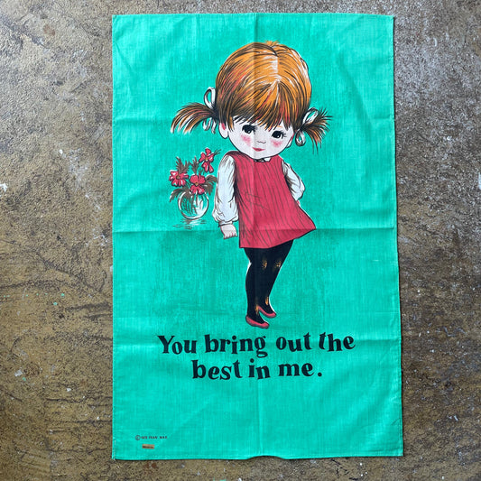 Vintage 1970 Fran Mar for Prova Girl Slogan Green Cotton Tea Towel Cloth