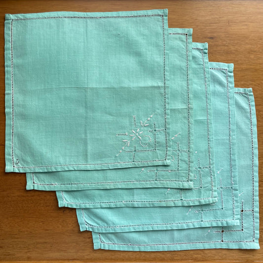 Vintage Set of Five Mint Green Cut Out Hand Embroidered Placemats Napkins. Job Lot, Bundle