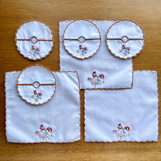 Vintage Set of Seven Handsewn Scallop Edge Embroidered Cockerel Placemats and Coasters. Job Lot, Bundle.