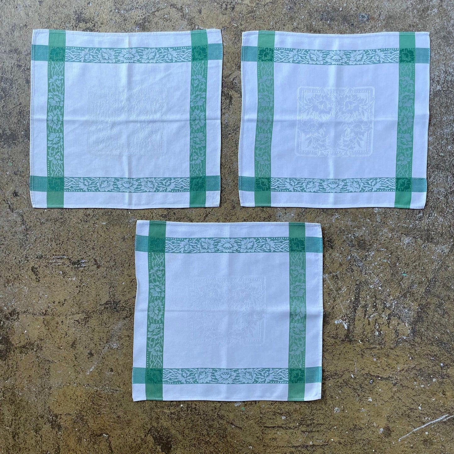 Vintage Set of Three Green and White Stripe Floral Placemats Napkins. Job Lot, Bundle.