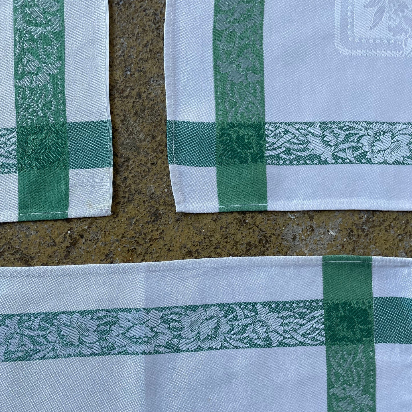 Vintage Set of Three Green and White Stripe Floral Placemats Napkins. Job Lot, Bundle.