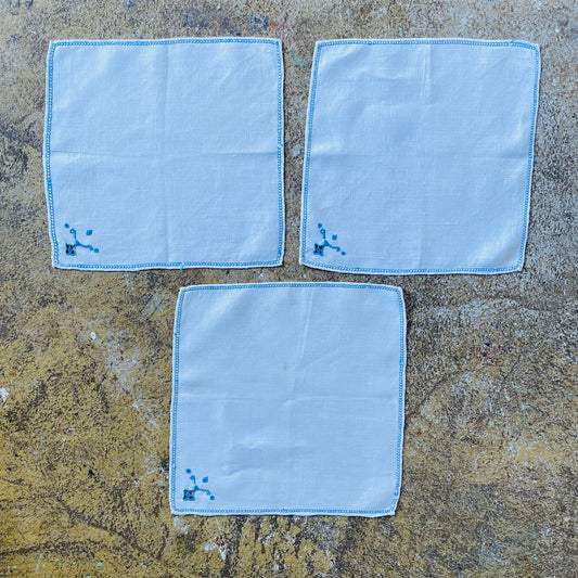 Vintage Set of Three White and Blue Floral Handmade Embroidered Placemats. Cutout Detail. Job Lot, Bundle.