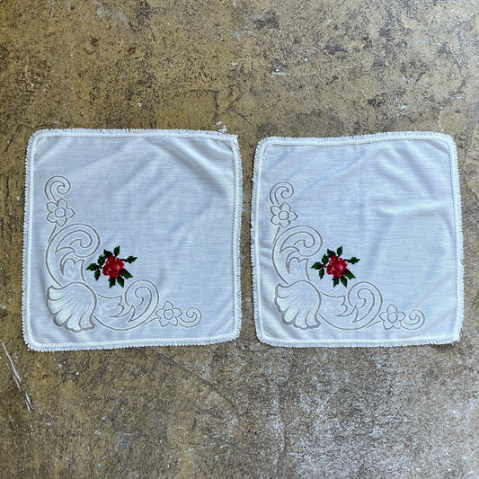 Vintage Set of Two White Red Rose Tassel Dressing Table Cloth Placemats. Job Lot, Bundle